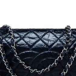 Pre Owned Chanel Navy Blue Quilted Cracked Patent Calfskin CC Flap Bag