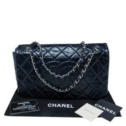 Pre Owned Chanel Navy Blue Quilted Cracked Patent Calfskin CC Flap Bag