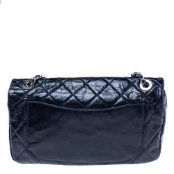 Pre Owned Chanel Navy Blue Quilted Cracked Patent Calfskin CC Flap Bag