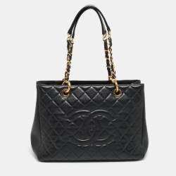 Pre Owned Chanel Black Quilted Caviar Leather Grand Shopper Tote