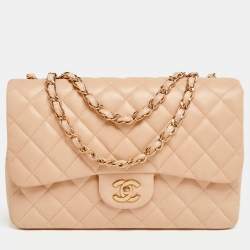 Pre Owned Chanel Beige Quilted Leather Jumbo Classic Single Flap Bag