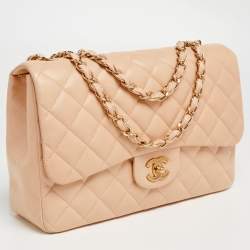 Pre Owned Chanel Beige Quilted Leather Jumbo Classic Single Flap Bag