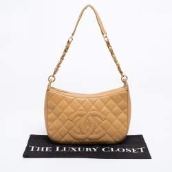 Pre Owned Chanel Beige Quilted Caviar Leather Vintage CC Timeless Shoulder Bag