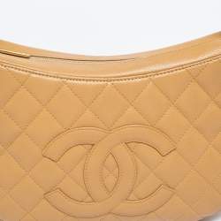 Pre Owned Chanel Beige Quilted Caviar Leather Vintage CC Timeless Shoulder Bag