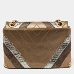 مملوكة مسبقًا Chanel Gold/Metallic Chevron Leather and Python Patchwork CC Flap Bag
