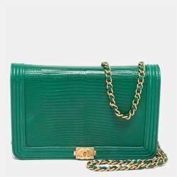 Chanel Green Lizard and Leather Boy Wallet on Chain