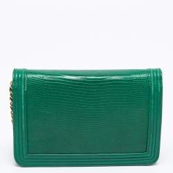 Chanel Green Lizard and Leather Boy Wallet on Chain