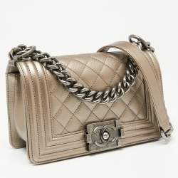 Pre Owned Chanel Metallic Beige Quilted Caviar Leather Small Boy Flap Bag