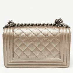 Pre Owned Chanel Metallic Beige Quilted Caviar Leather Small Boy Flap Bag