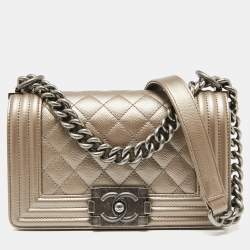 Pre Owned Chanel Metallic Beige Quilted Caviar Leather Small Boy Flap Bag