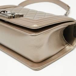 Pre Owned Chanel Metallic Beige Quilted Caviar Leather Small Boy Flap Bag