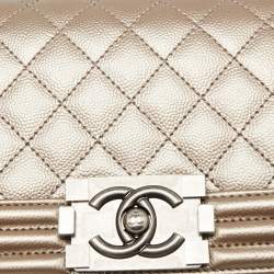 Pre Owned Chanel Metallic Beige Quilted Caviar Leather Small Boy Flap Bag