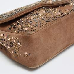 Pre Owned حقيبة شانيل  كلاسيك جلد وسويدي بني مزخرفة كريستال بقلاب متوسطة 