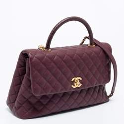 Pre Owned Chanel Burgundy Quilted Caviar Leather And Lizard Medium Coco Top Handle Bag