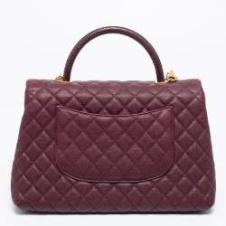 Pre Owned Chanel Burgundy Quilted Caviar Leather And Lizard Medium Coco Top Handle Bag