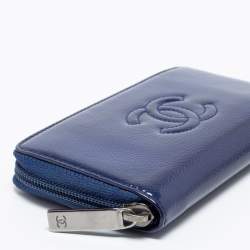Pre Owned Chanel Blue Patent Leather CC Timeless Zip Around Wallet