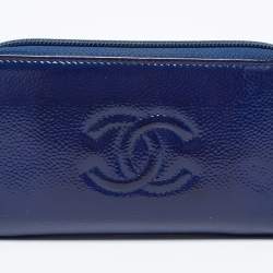 Pre Owned Chanel Blue Patent Leather CC Timeless Zip Around Wallet