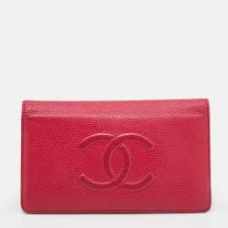 Pre Owned محفظة شانيل سي سي جلد كافيار أحمر ثنائية الطي طويلة 