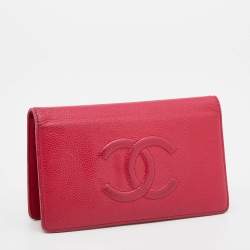 Pre Owned محفظة شانيل سي سي جلد كافيار أحمر ثنائية الطي طويلة 