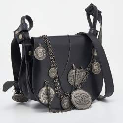 Chanel Black Leather Medallion Messenger Saddle Bag