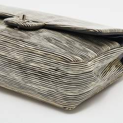 Pre Owned Chanel Black/White Striped Patent Leather Medium Classic Double Flap Bag