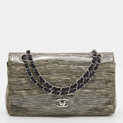 Pre Owned Chanel Black/White Striped Patent Leather Medium Classic Double Flap Bag