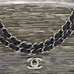 Pre Owned Chanel Black/White Striped Patent Leather Medium Classic Double Flap Bag