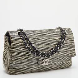 Pre Owned Chanel Black/White Striped Patent Leather Medium Classic Double Flap Bag