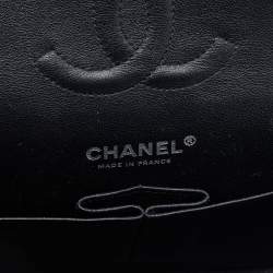Pre Owned Chanel Black/White Striped Patent Leather Medium Classic Double Flap Bag