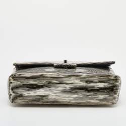 Pre Owned Chanel Black/White Striped Patent Leather Medium Classic Double Flap Bag