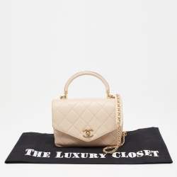 Pre Owned Chanel Beige Quilted Leather Small Gold Metal Top Handle Bag
