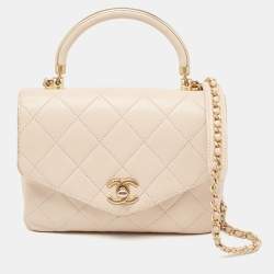 Pre Owned Chanel Beige Quilted Leather Small Gold Metal Top Handle Bag