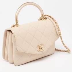 Pre Owned Chanel Beige Quilted Leather Small Gold Metal Top Handle Bag