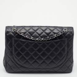 Pre Owned Chanel Black Quilted Caviar Leather Jumbo Classic Single Flap Bag