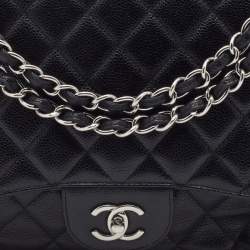 Pre Owned Chanel Black Quilted Caviar Leather Jumbo Classic Single Flap Bag