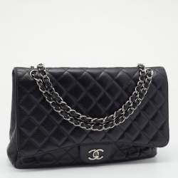 Pre Owned Chanel Black Quilted Caviar Leather Jumbo Classic Single Flap Bag