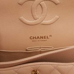 Pre Owned Chanel Beige Quilted Caviar Leather Medium Classic Double Flap Bag