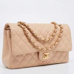 Pre Owned Chanel Beige Quilted Caviar Leather Medium Classic Double Flap Bag