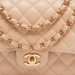 Pre Owned Chanel Beige Quilted Caviar Leather Medium Classic Double Flap Bag