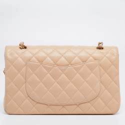 Pre Owned Chanel Beige Quilted Caviar Leather Medium Classic Double Flap Bag