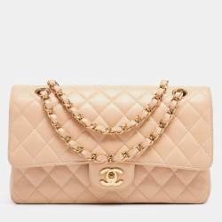 Pre Owned Chanel Beige Quilted Caviar Leather Medium Classic Double Flap Bag