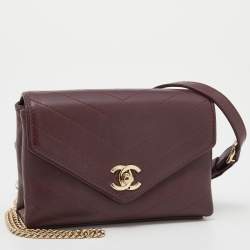 Pre Owned Chanel Burgundy Chevron Leather Chain Waist Bag