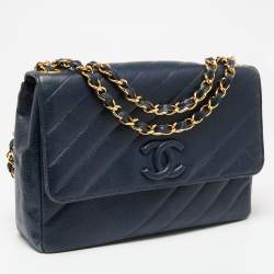 Pre Owned Chanel Navy Blue Diagonal Quilt Caviar Leather Vintage Jumbo Classic Flap Bag