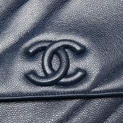 Pre Owned Chanel Navy Blue Diagonal Quilt Caviar Leather Vintage Jumbo Classic Flap Bag
