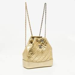 Pre Owned Chanel Gold Quilted Laminated Leather Small Gabrielle Backpack
