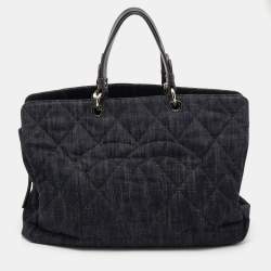 Pre Owned Chanel Navy Blue/Grey Quilted Denim and Leather CC Timeless Tote