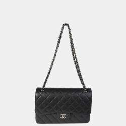 Pre Owned Chanel Black Quilted Caviar Leather Jumbo Classic Double Flap Shoulder Bag