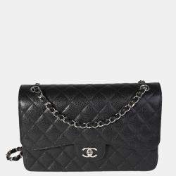 Pre Owned Chanel Black Quilted Caviar Leather Jumbo Classic Double Flap Shoulder Bag