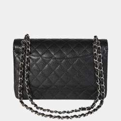 Pre Owned Chanel Black Quilted Caviar Leather Jumbo Classic Double Flap Shoulder Bag