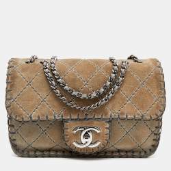 Chanel Grey Quilted Suede Whipstitch Small Flap Bag Chanel